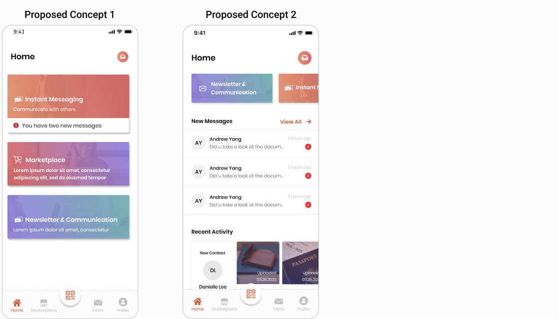 Two proposed home screen concepts for Imme, both featuring colourful gradient cards