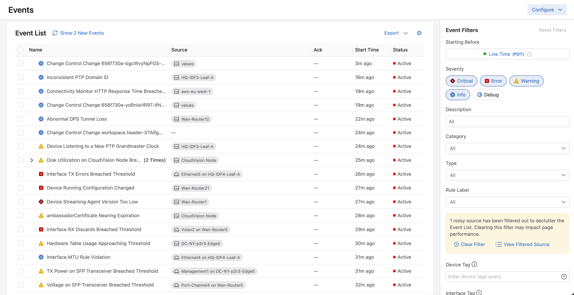 Previous CloudVision events page showing an endless scrolling table of events with severity filters on the right