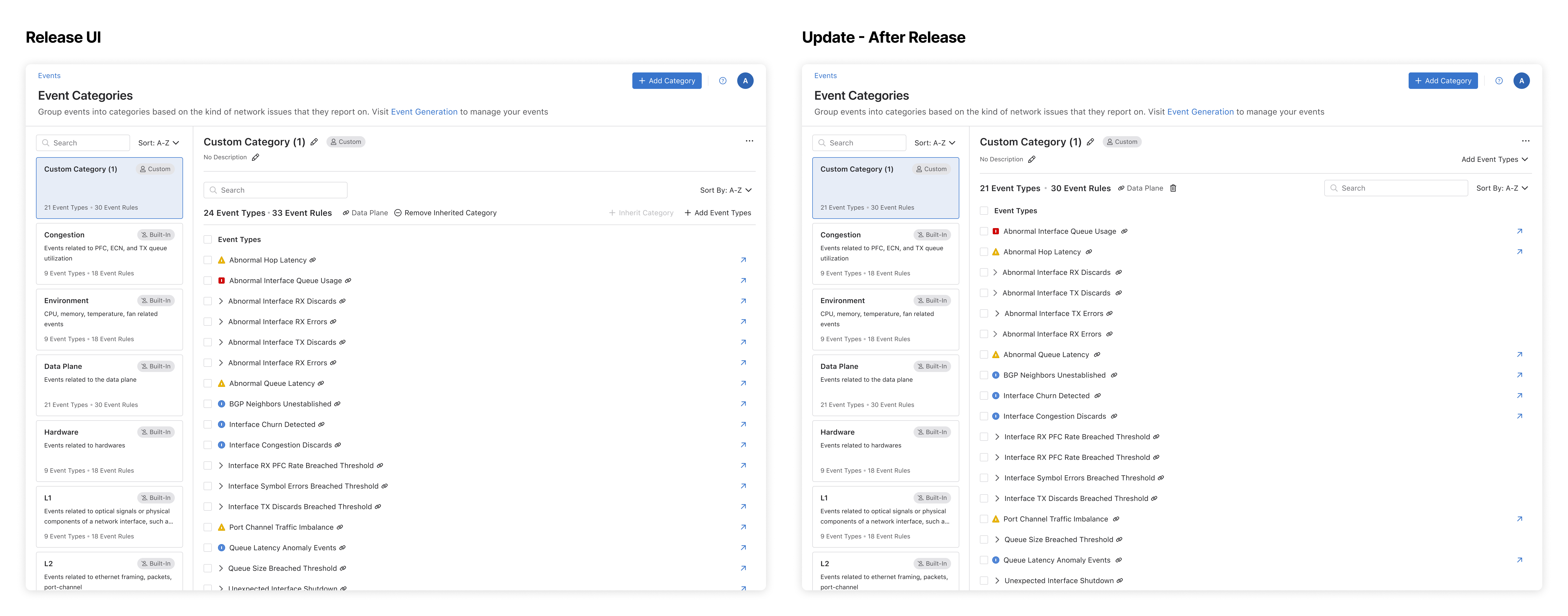 Side by side comparison of Release UI and updated UI showing the full three-column category manager layout