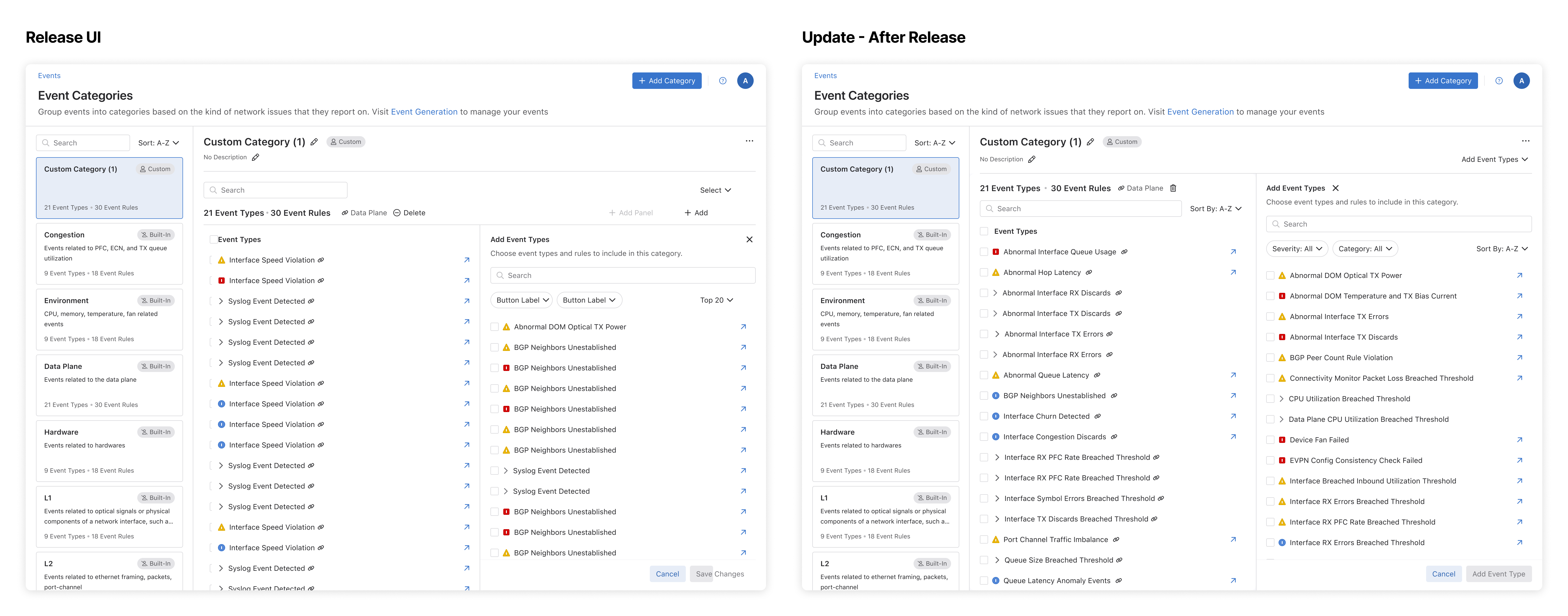 Side by side comparison of Release UI and updated UI showing the condensed two-column layout