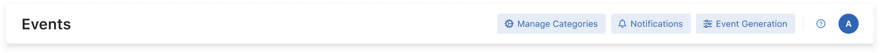 Previous Events header with three separate buttons: Manage Categories, Notifications, and Event Generation