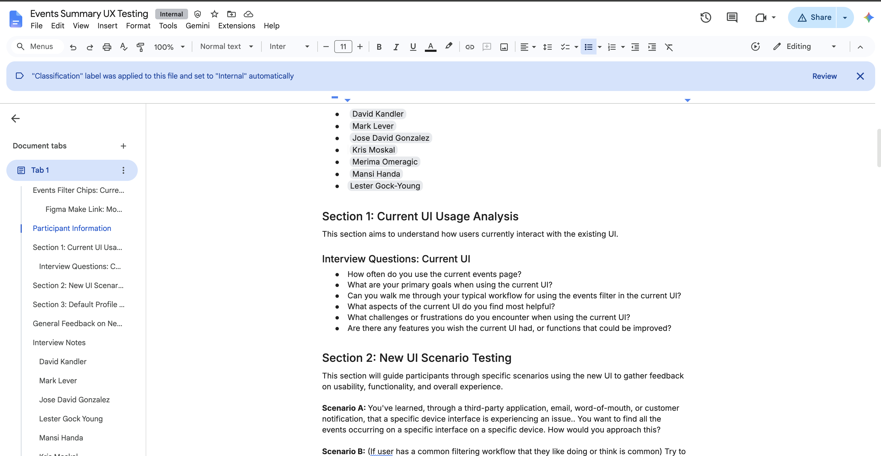 Google Docs interview script showing participant list, interview sections for current UI usage analysis, new UI scenario testing, and default profile feedback