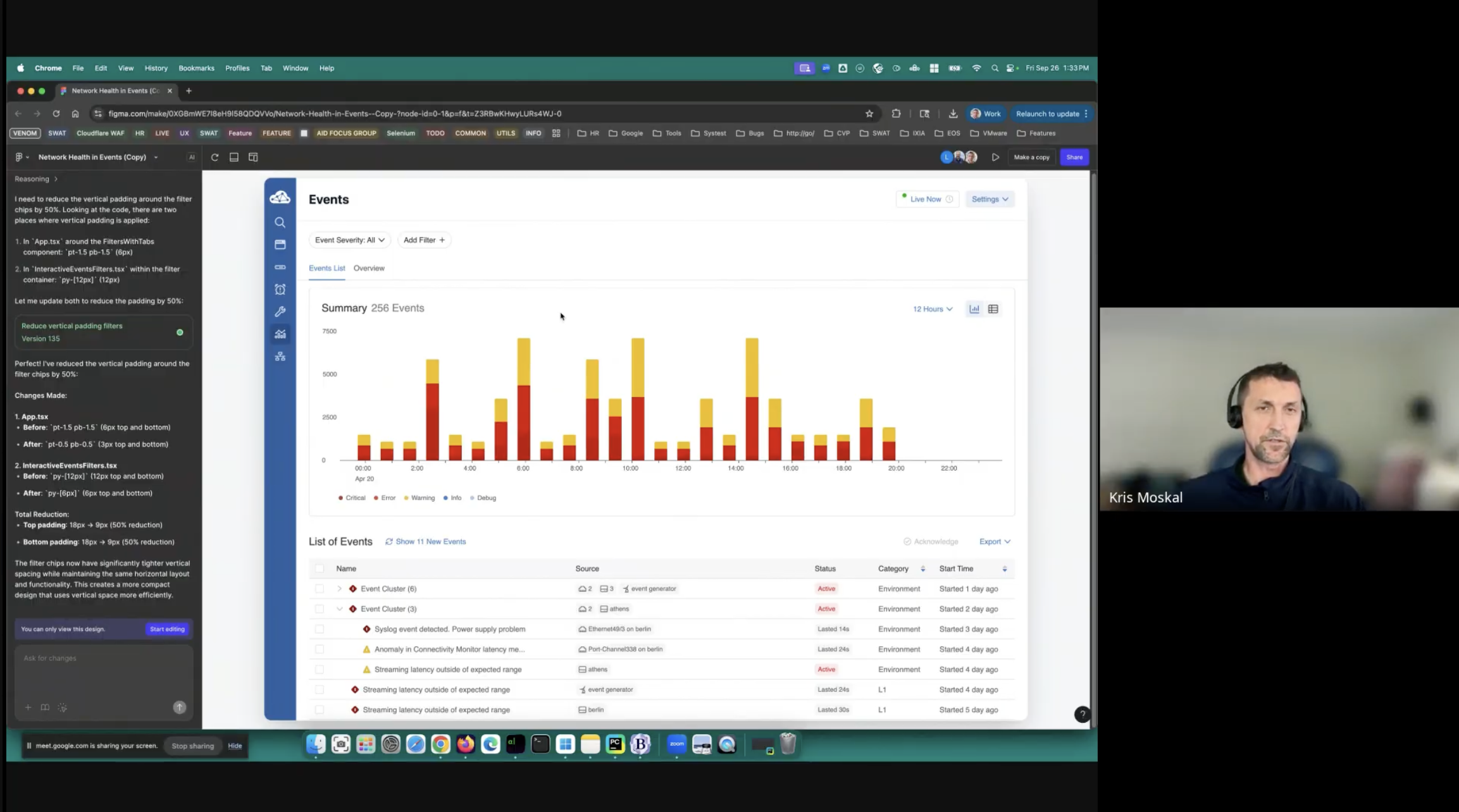 Screenshot of a live interview session with a Sales Engineer, showing the CloudVision events page and Figma Make prototype side by side