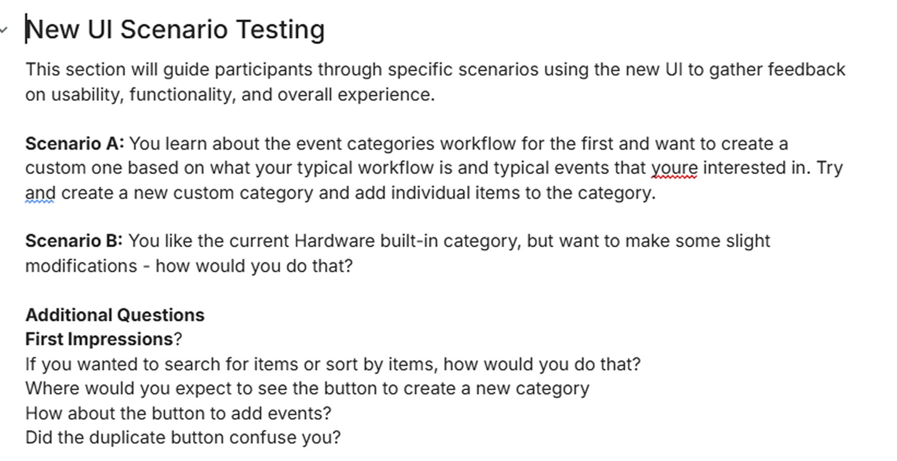 Events Categories UI Scenario Testing document showing participant list and test scenarios