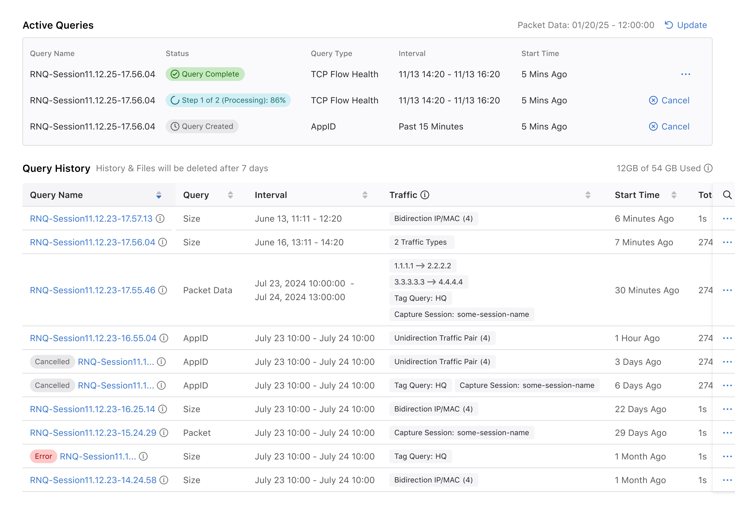 Query results table with data filled in
